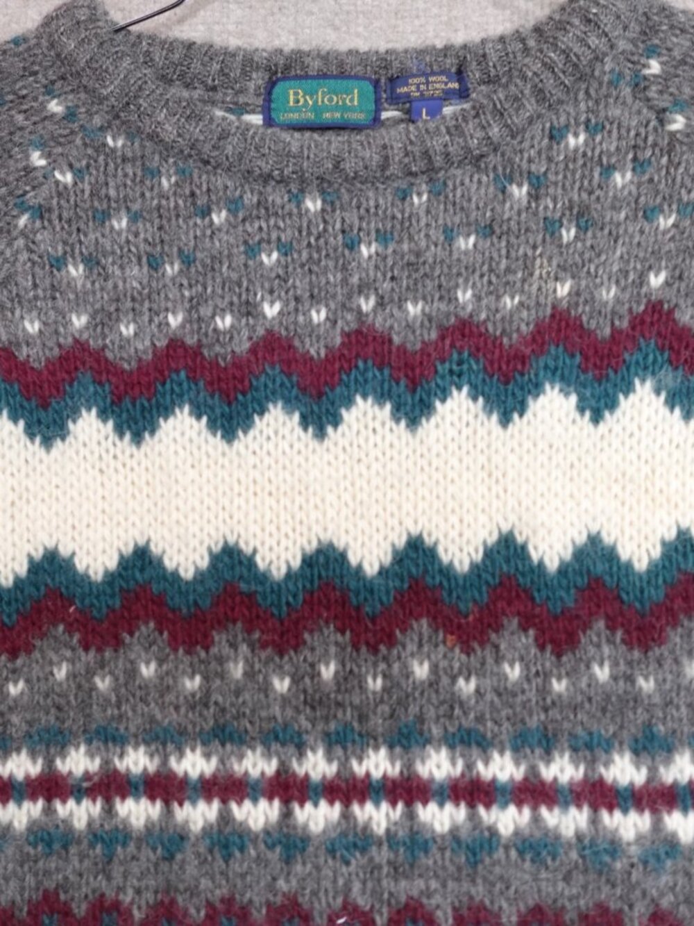 Byford Sweater Medium Gray Wool Raglan Hand Knit England Fair Isle Nordic